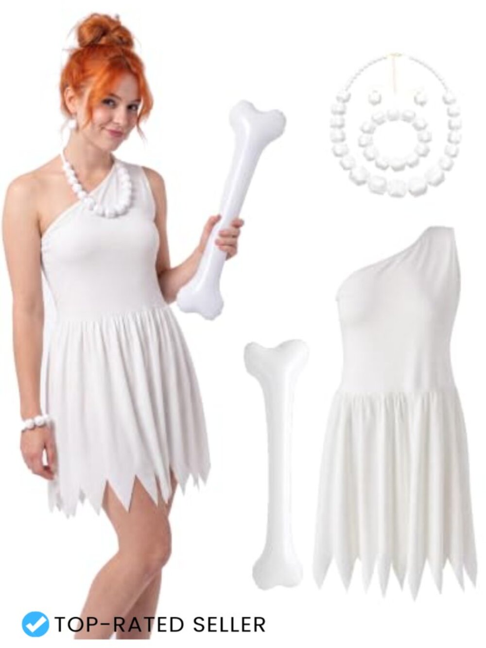 Cave Girl Halloween Costume Set White Dress Inflatable Bone Bead Jewelry